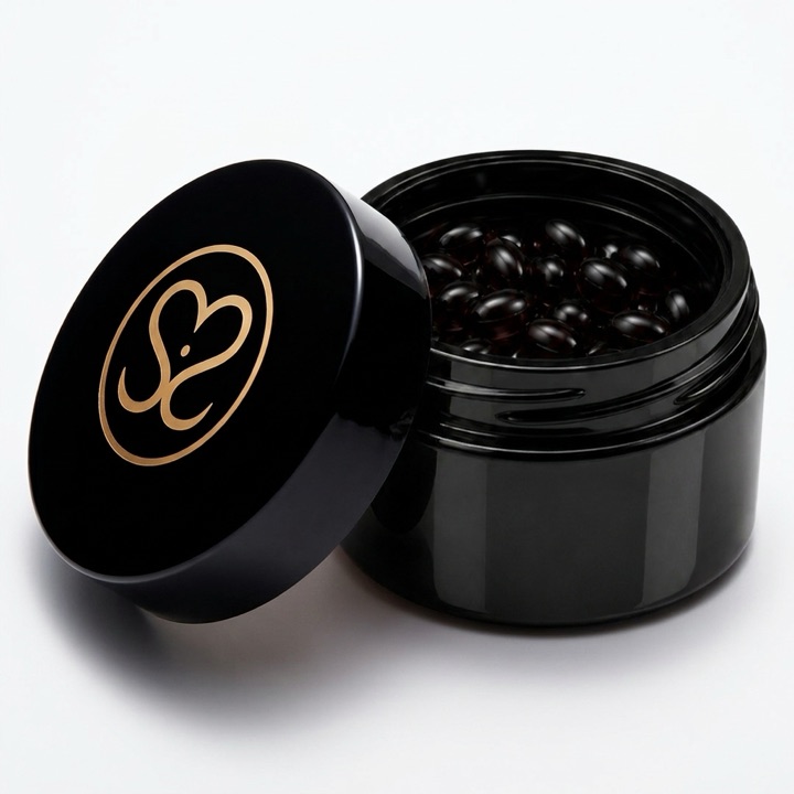 GLO softgels in a black glass jar