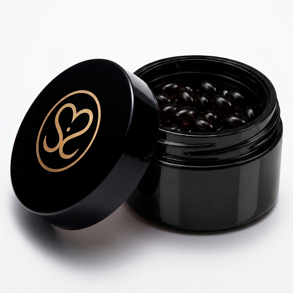GLO astaxanthin softgels in a black glass jar